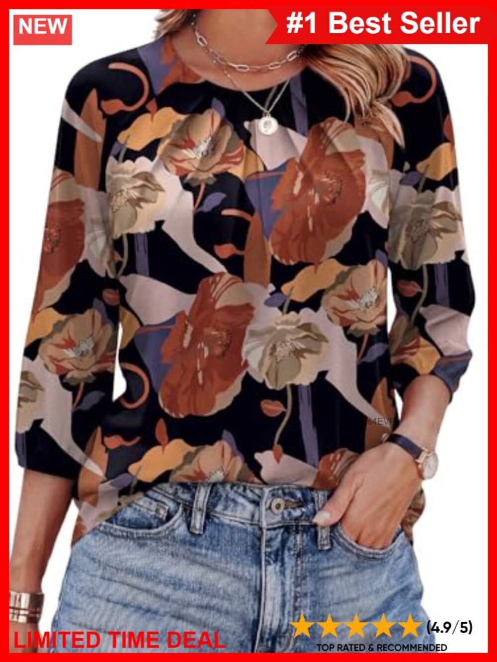 Womens Pleated Front Blouse 3/4 Puff Sleeve Crew Neck Dressy Casual Top